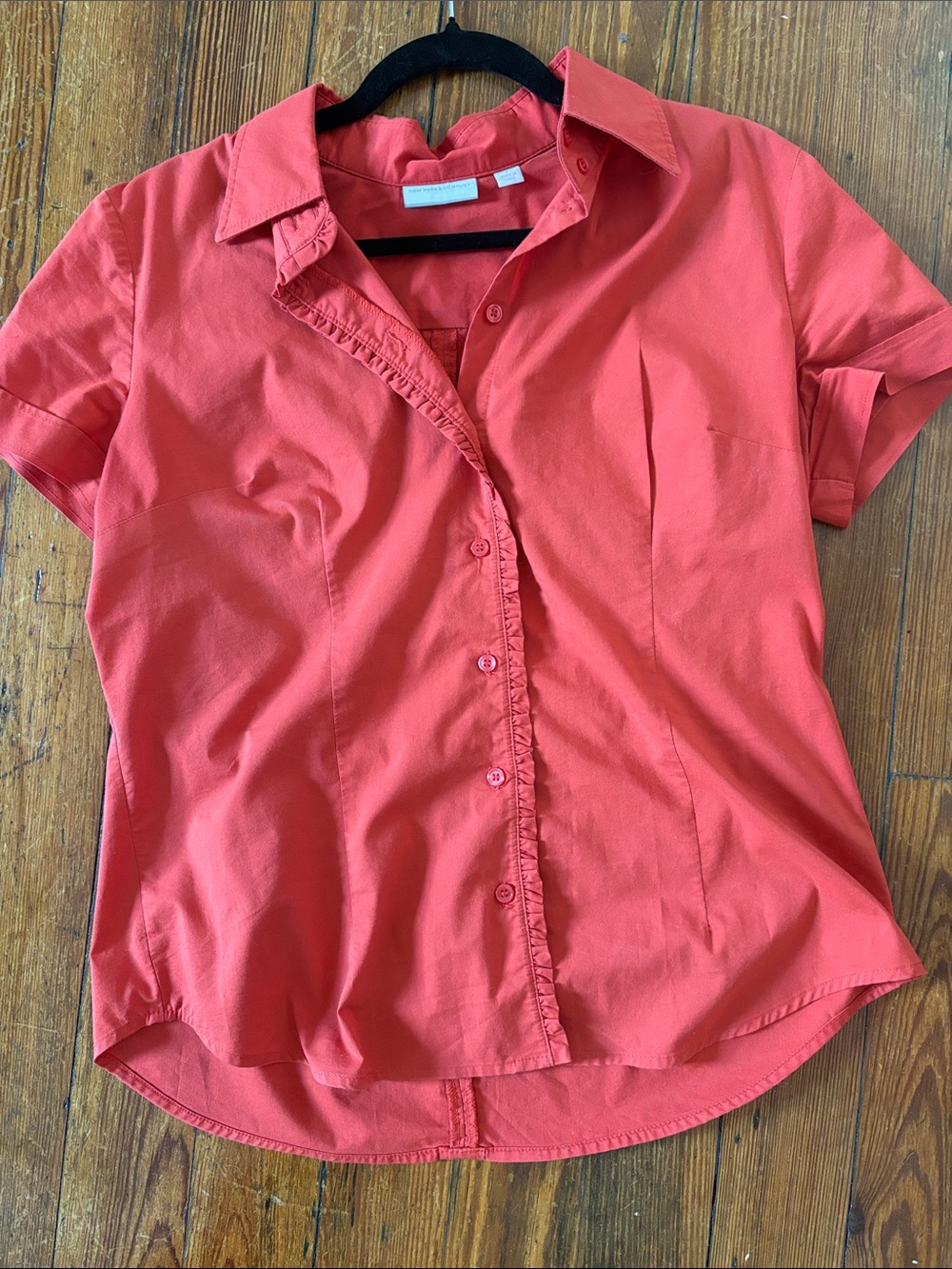 New York & Company red Button-Down Ruffle Trim Shirt